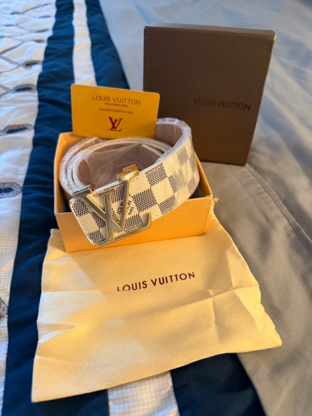 Fashion Nova White Checkered Belt with Gold LV Buckle